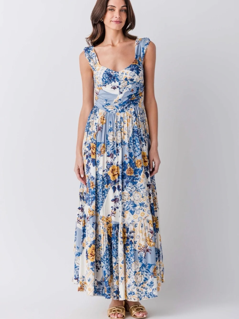 Free People Blue, White & Yellow Floral Maxi Dress